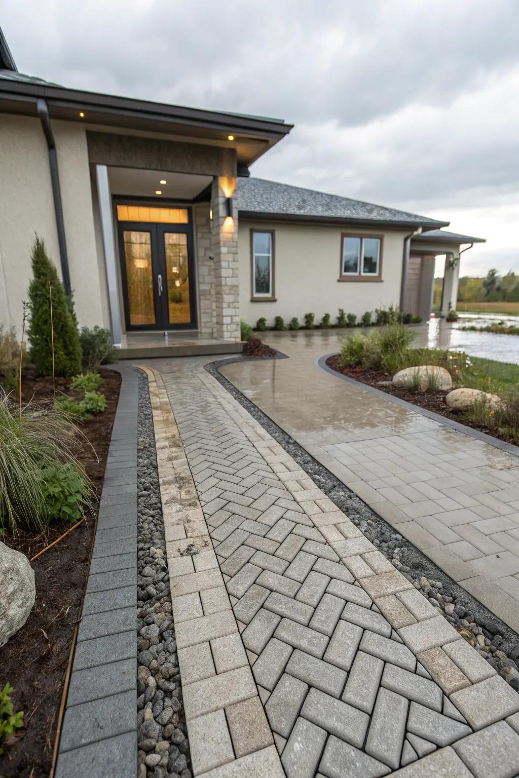 Environmentally conscious layout with porous paving for effective water handling.