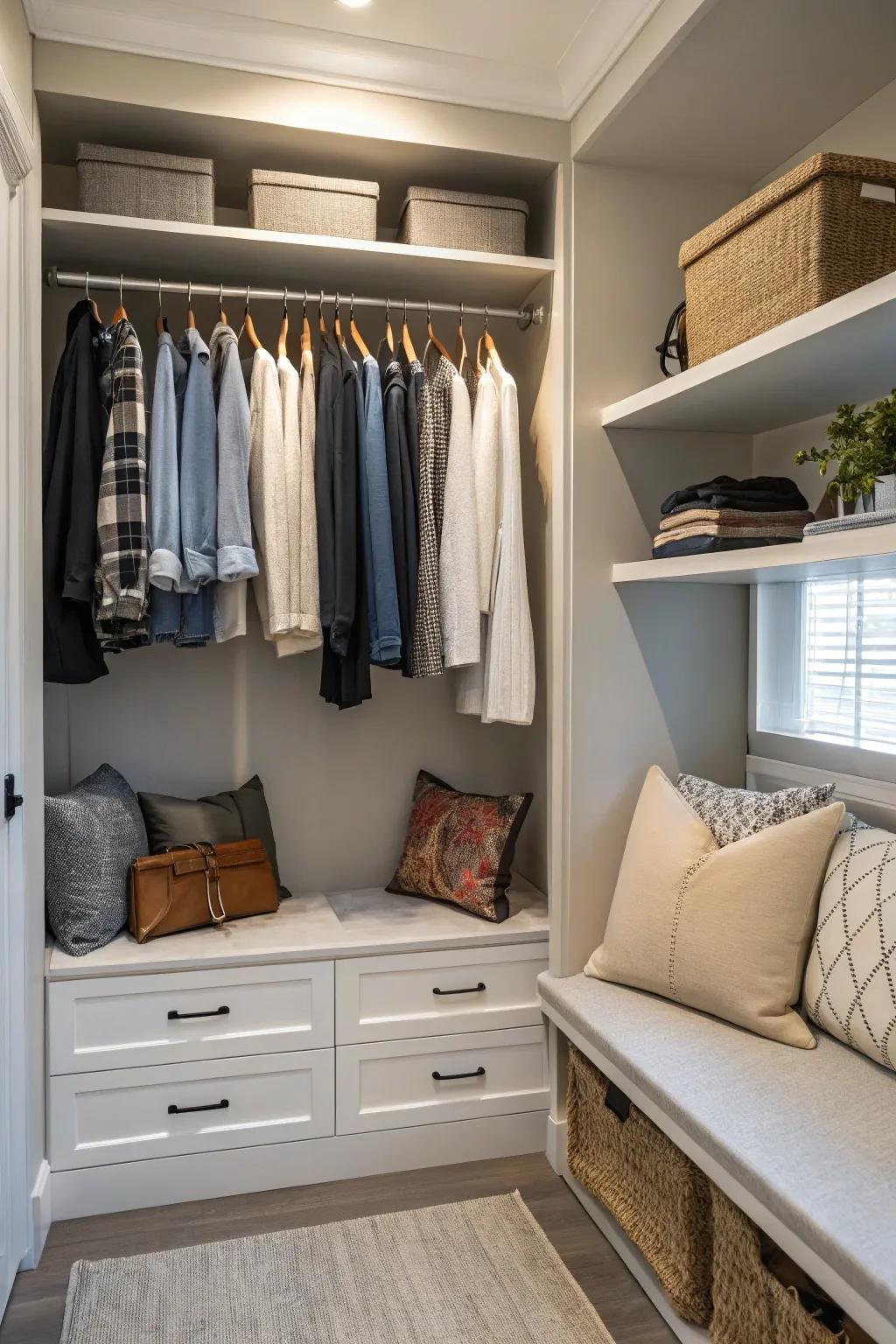 An elegant seating area integrated into a closet blueprint.