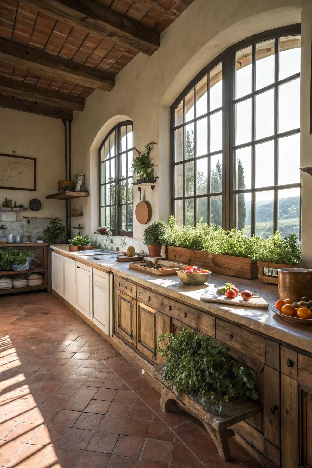 Sun fills the kitchen, improving its inviting atmosphere.