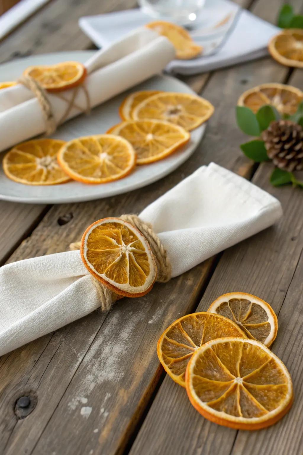 Citrus napkin rings add a playful, unique touch.