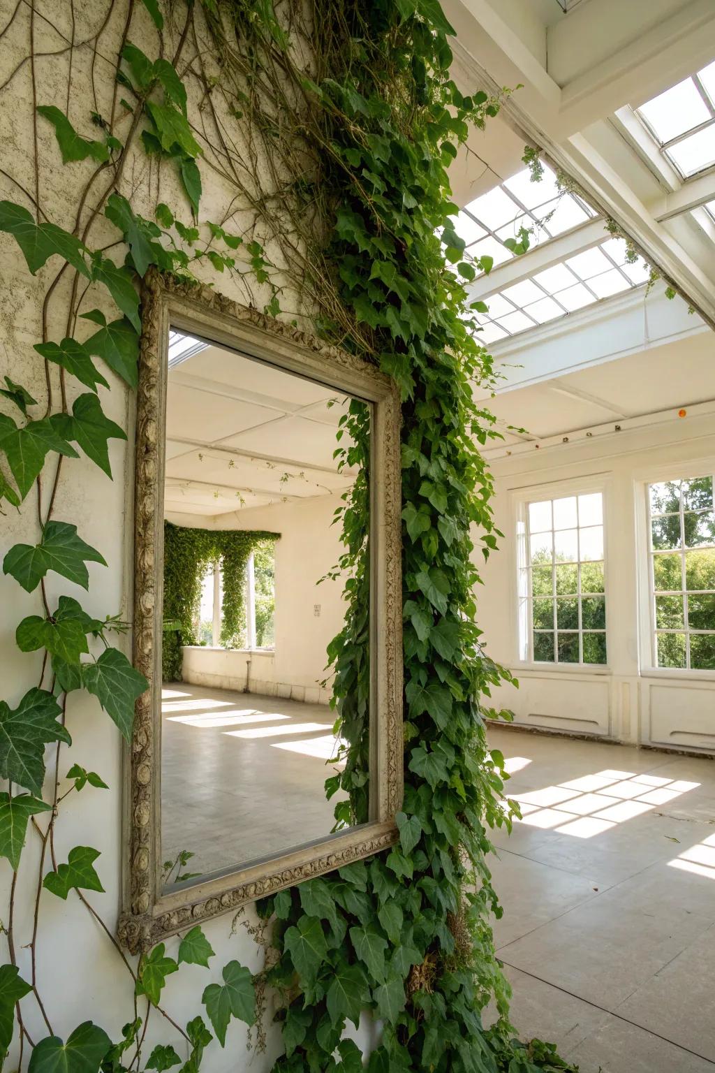Stylish mirrors and green accents create a refreshing atmosphere.