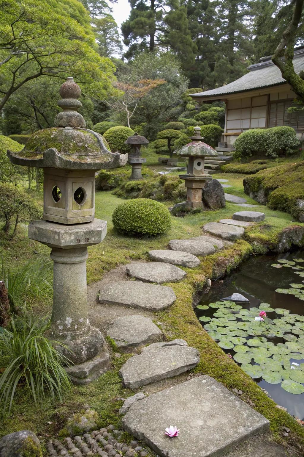 Wabi-sabi aspects express imperfection within a Japanese garden.