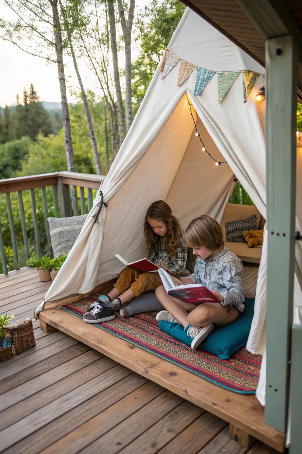 A deck featuring a cozy play house where kids are reading books inside.