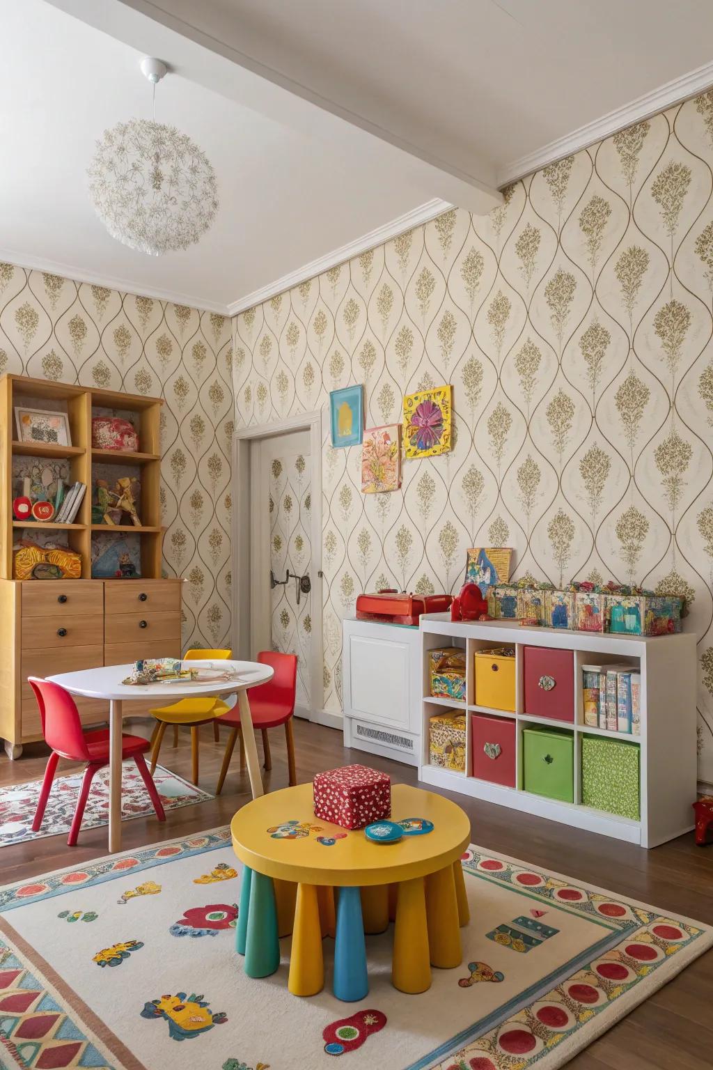 A playroom with classic-inspired wallpaper offering a timeless aesthetic.