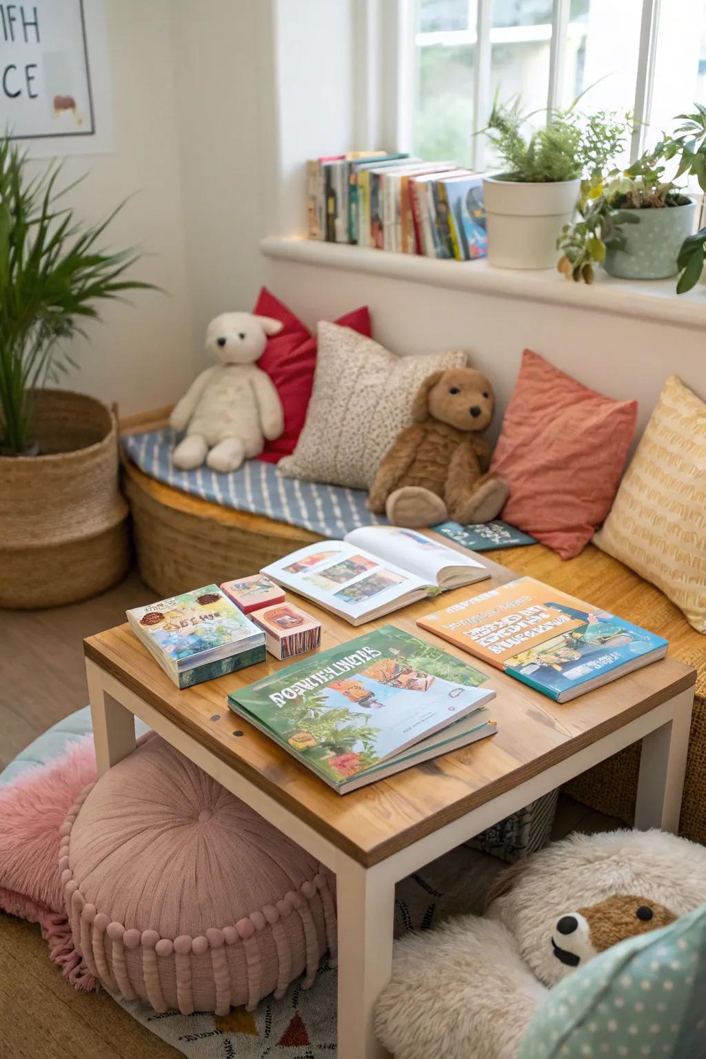 Narrative table, a cozy corner for book lovers.