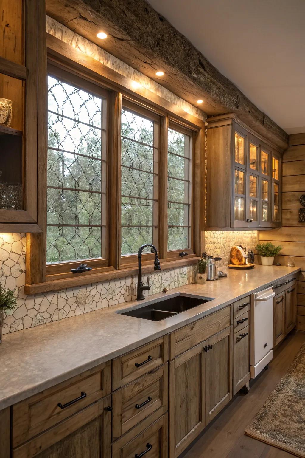 Textured window frames add depth and character to the kitchen’s overall design.