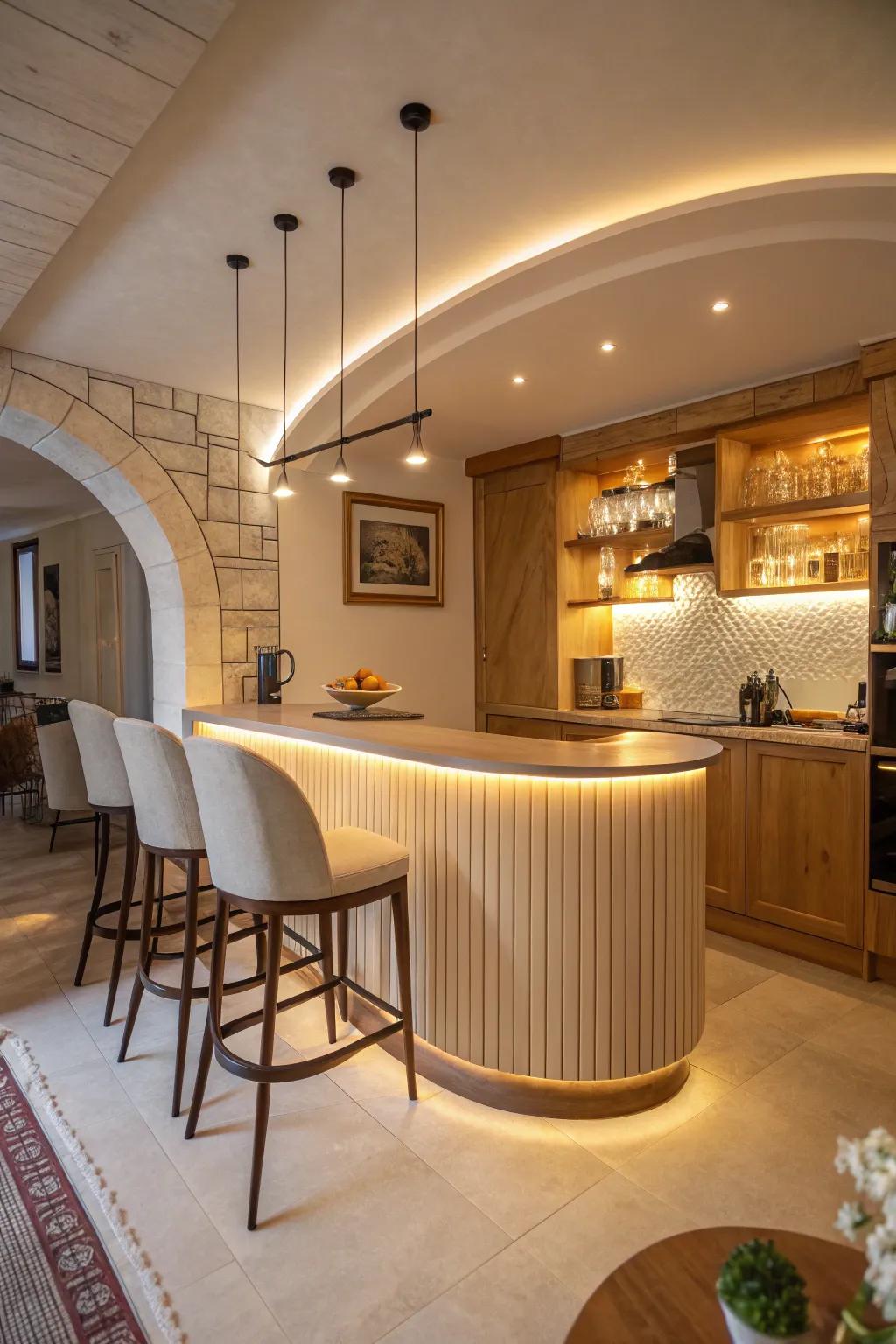 Rounded layouts contribute a welcoming sensation to kitchen bars.