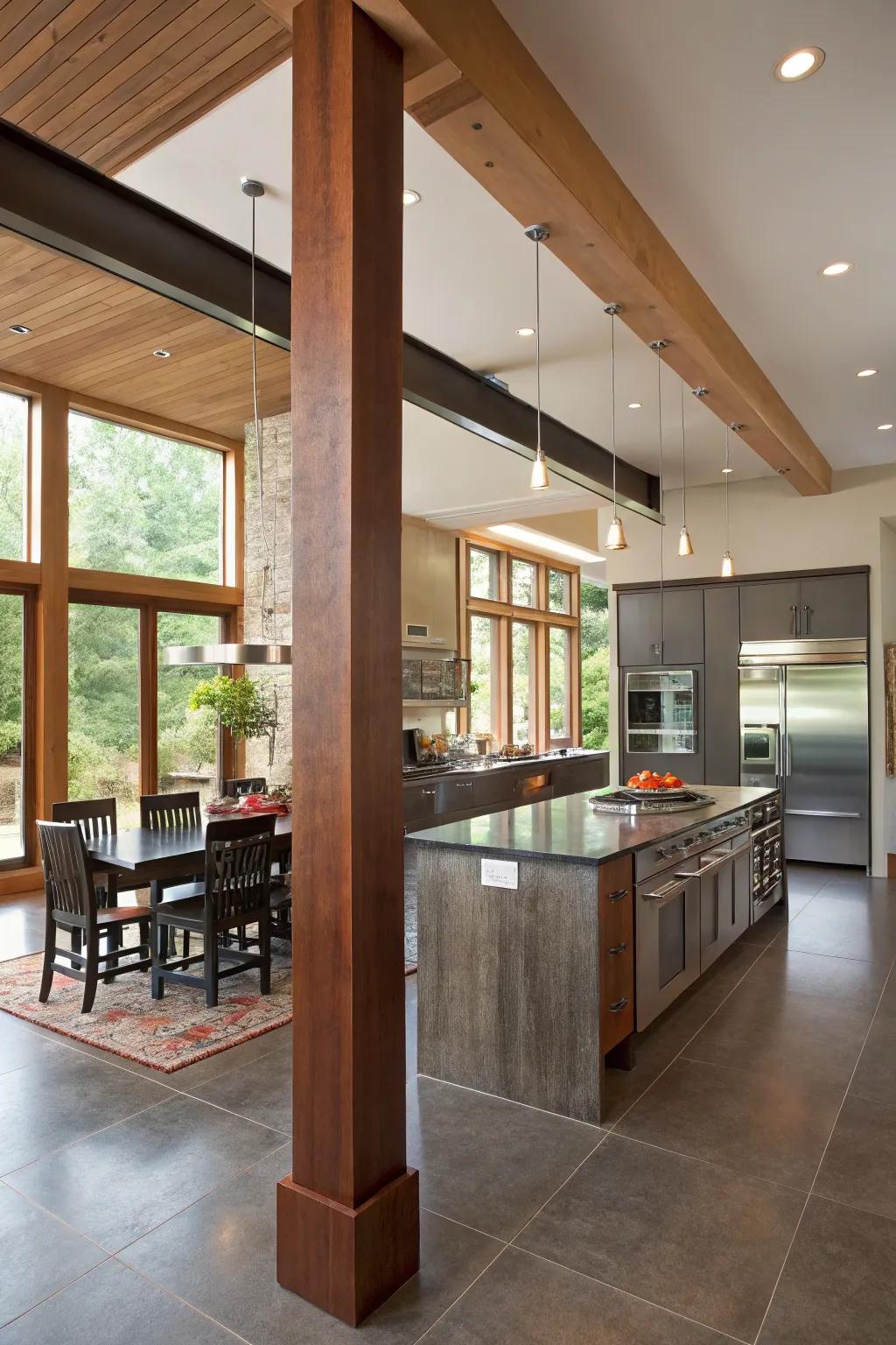 Upright support columns artfully split kitchen zones.