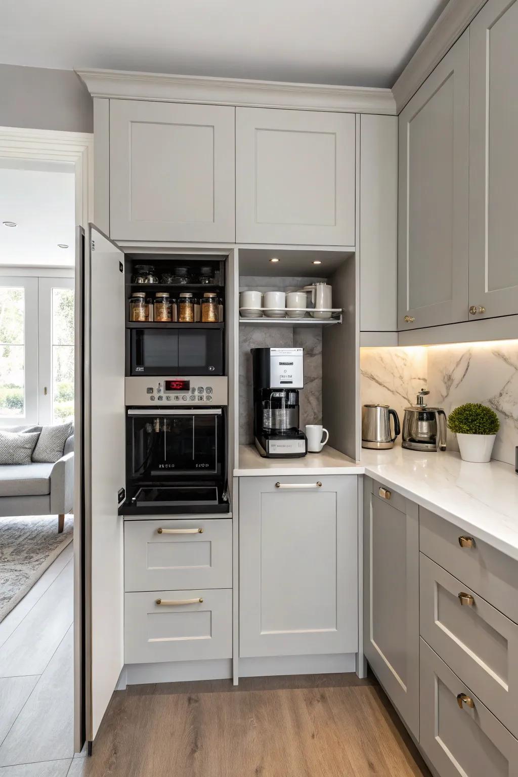 An equipment hideaway conceals clutter, maintaining a sleek look.
