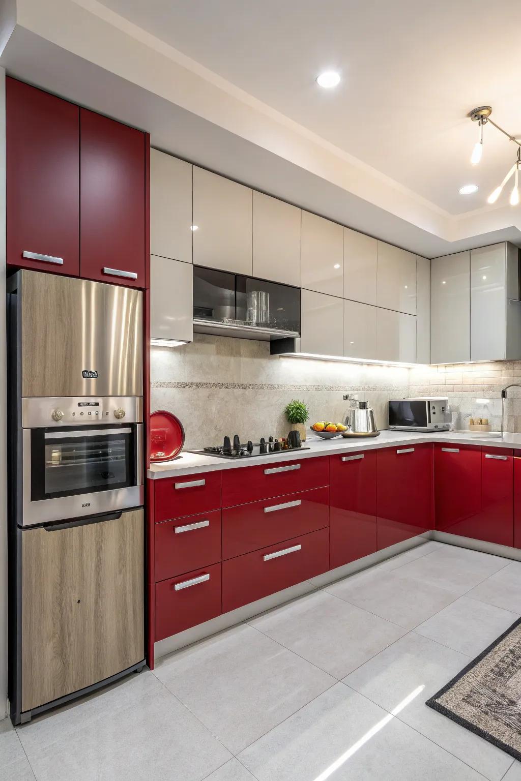 Red cabinets add energy and passion to the kitchen space.