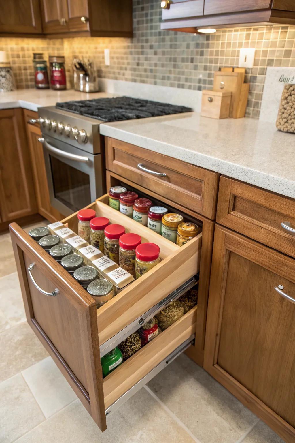 A narrow spice drawer keeps your favorite flavors at your fingertips.