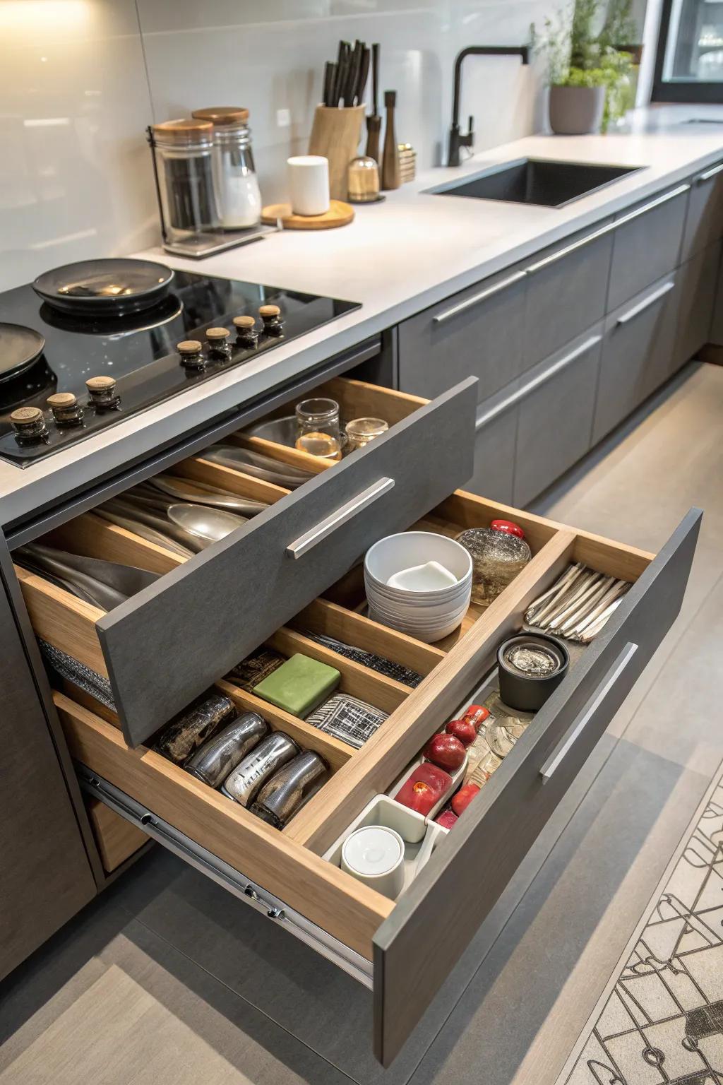 Keep must-haves within reach with drawer setups added under worktops.