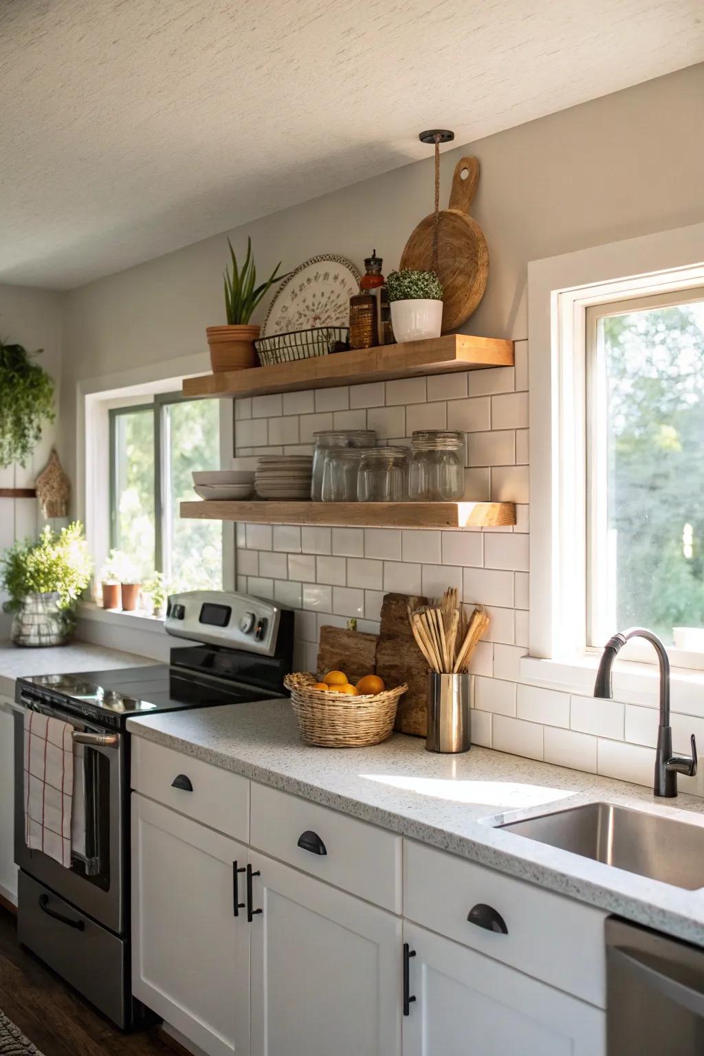 A long shelf adds minimalist charm.