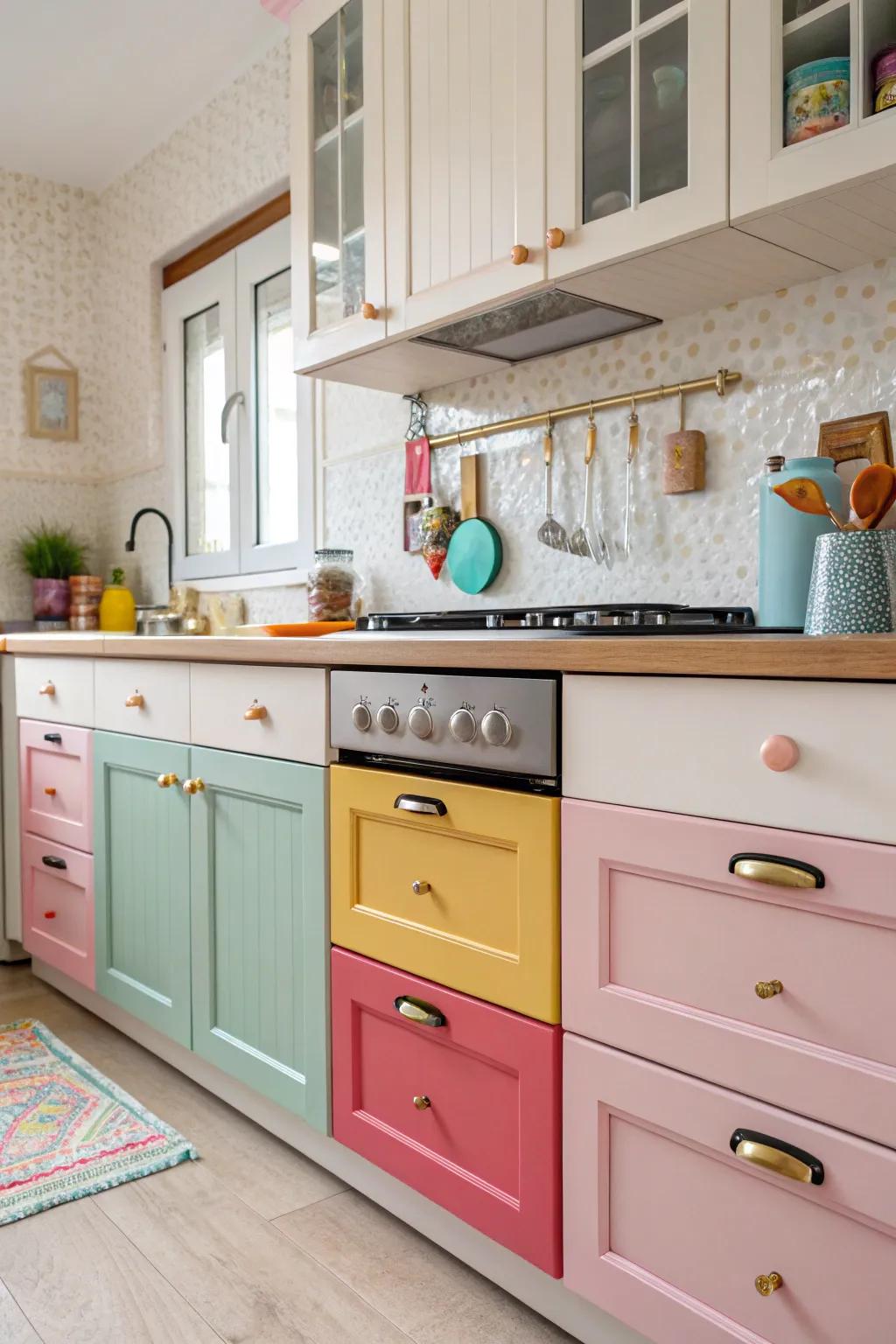 Playful colored hardware that adds a playful touch to the kitchen.