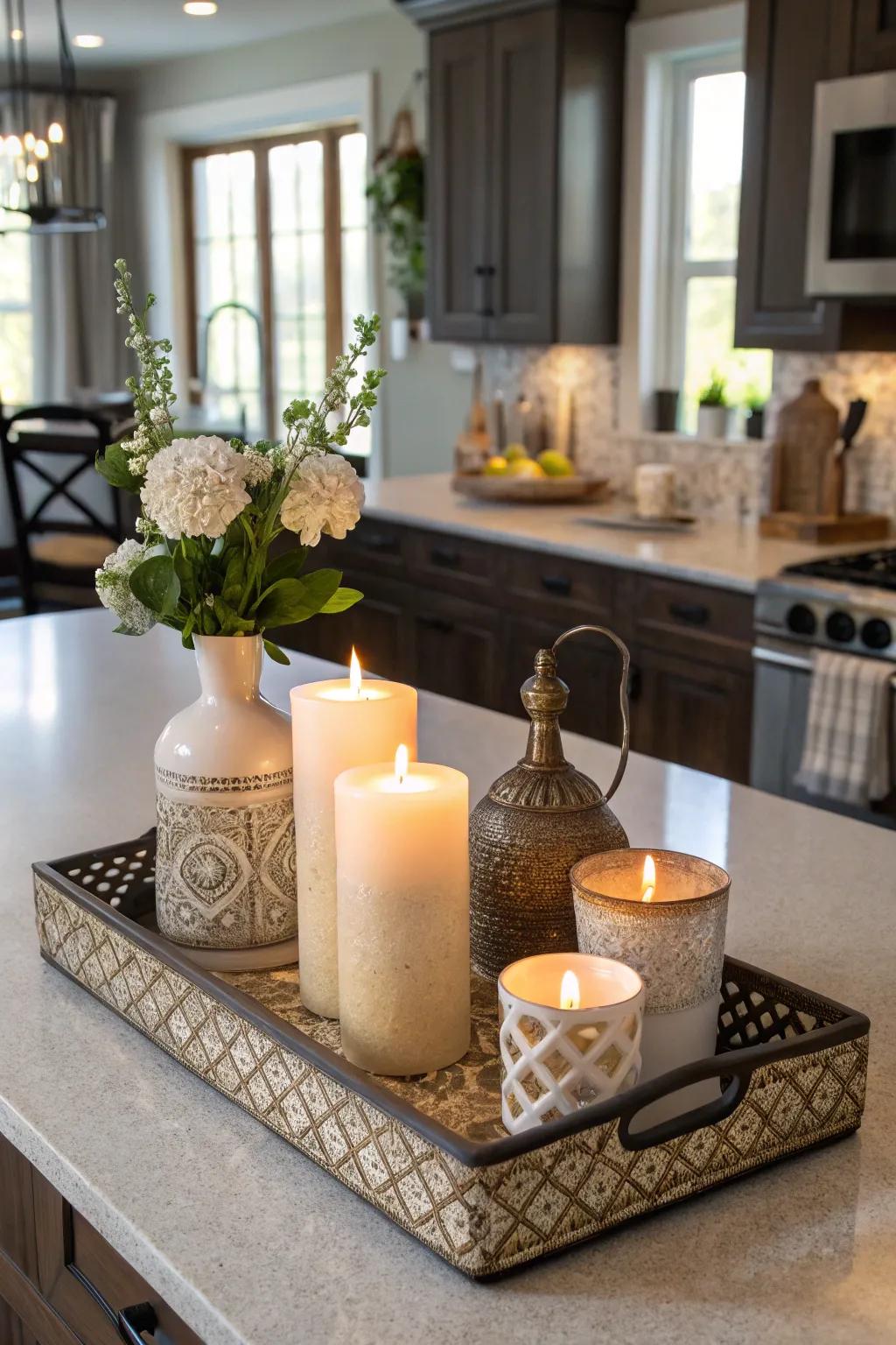 Plates assist in organizing and defining decor on the kitchen island.