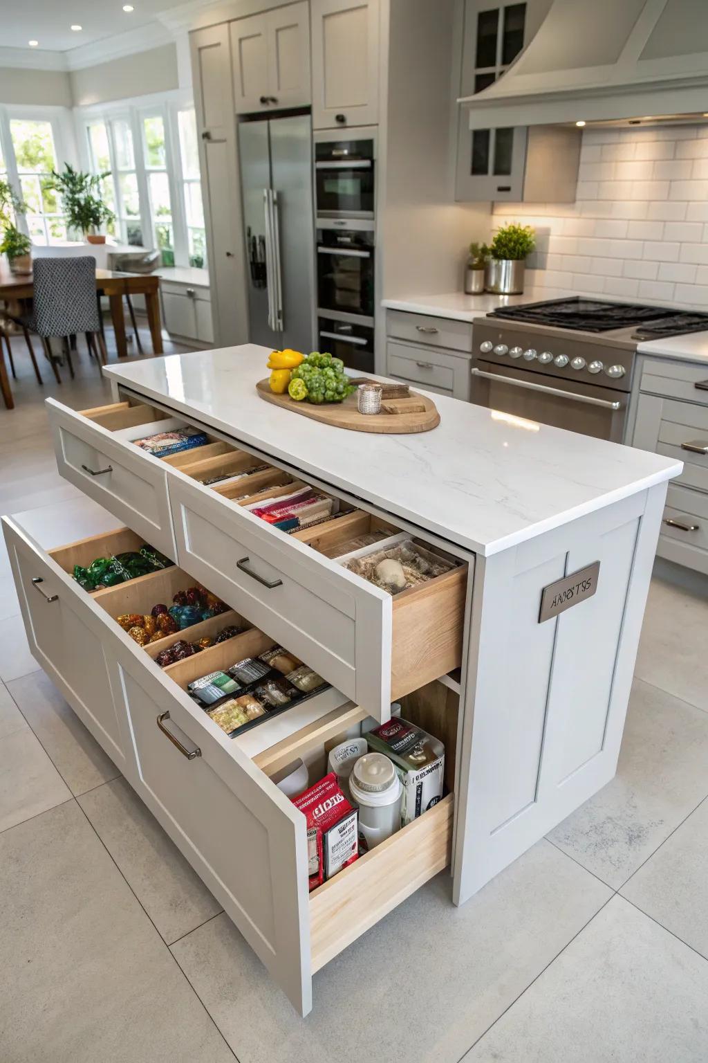Kitchen island featuring concealed storage for a practical and stylish solution.