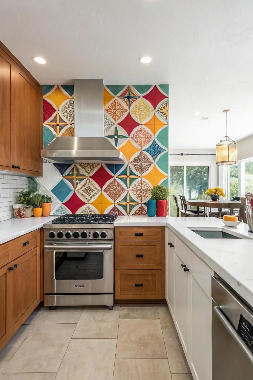 A cooking area featuring a vibrant statement panelling.