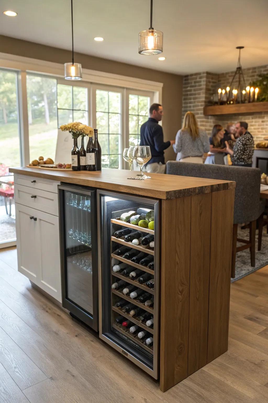 A kitchen peninsula is ready for socializing, with built-in wine storage.