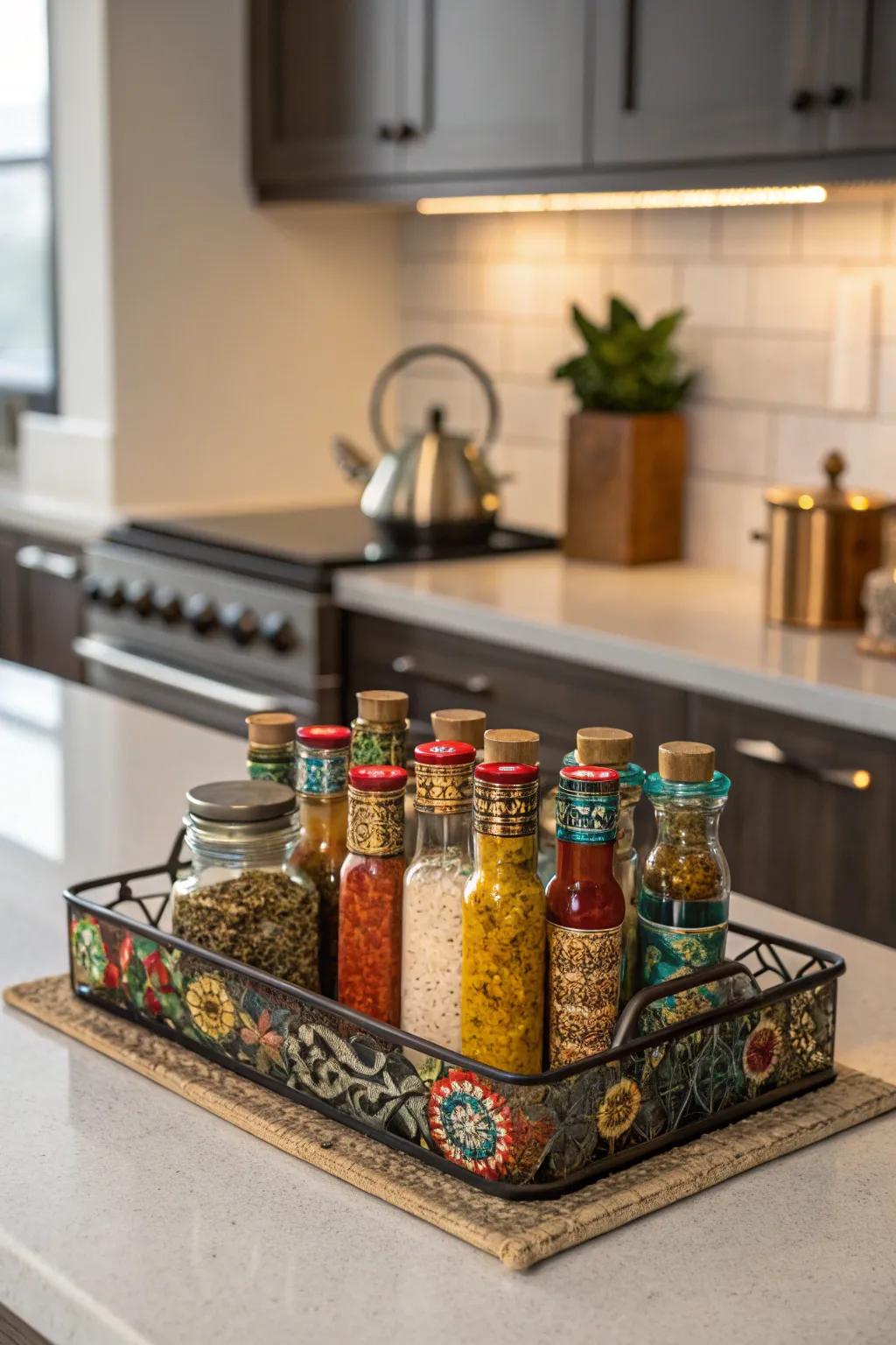 Spices, attractively showcased, bring flair and convenience.