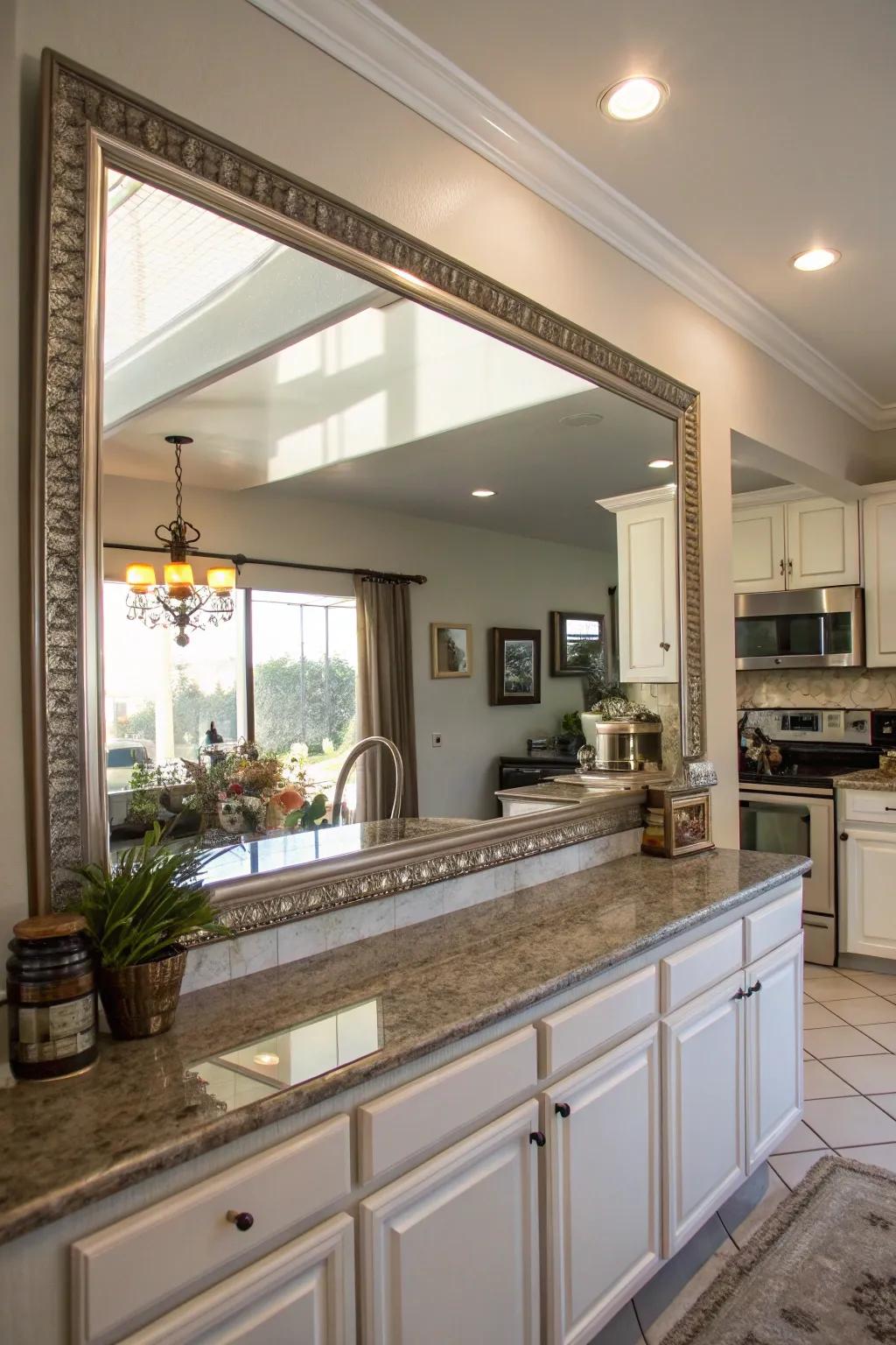 A kitchen features a large mirror, enhancing light and the sense of space.