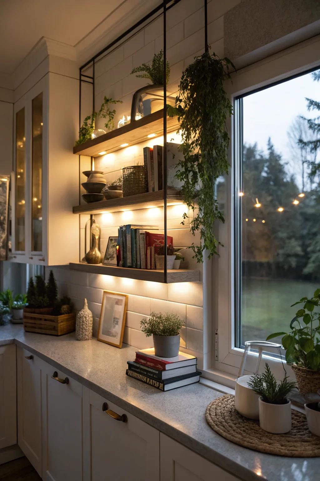 Under-shelf lighting creating a cozy and magical ambiance in the kitchen.