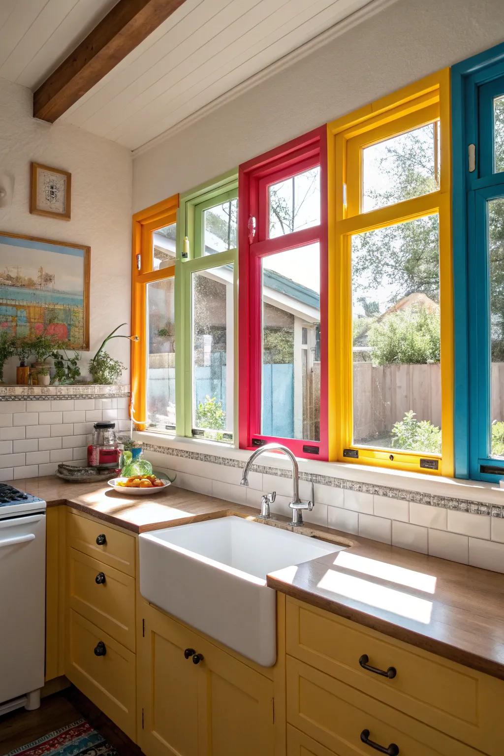 A kitchen with attractive colorful window frames.