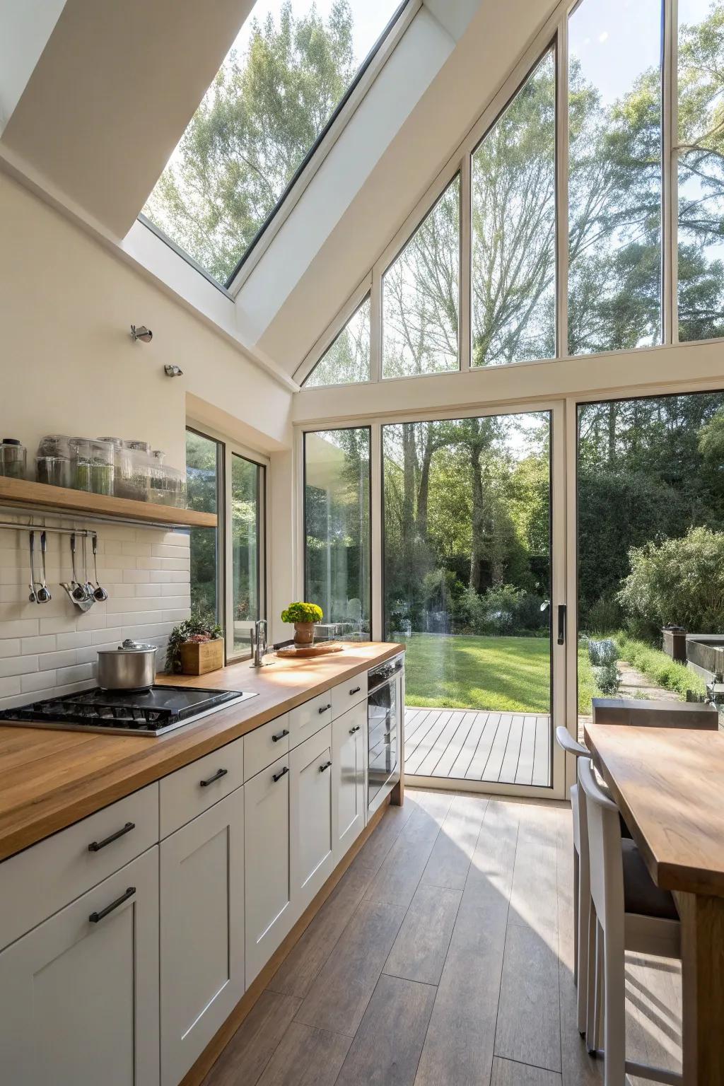 A glass wall connects this kitchen with its natural surroundings.