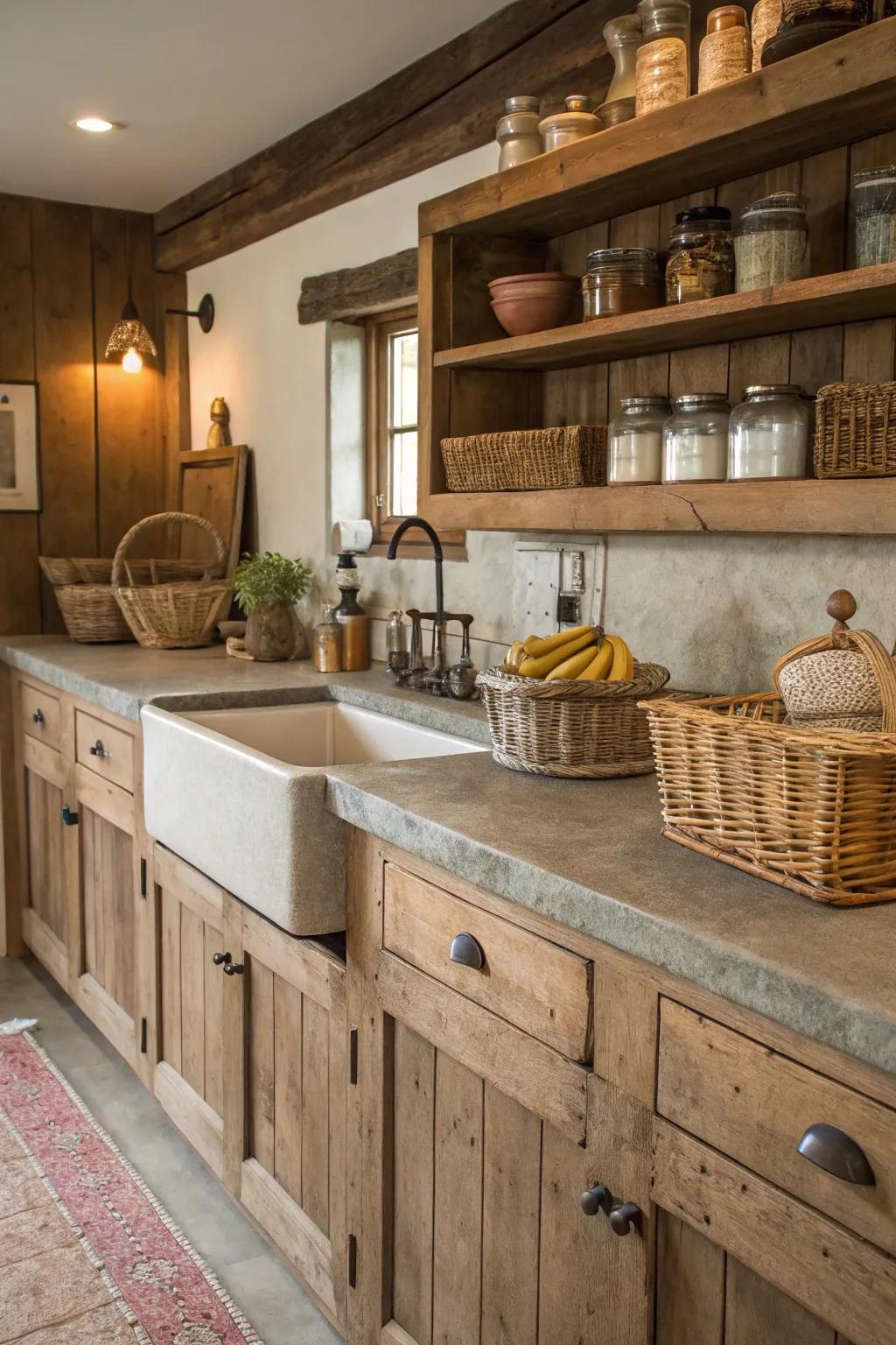 A rustic cooking space featuring engineered stone worktops and farmhouse components.