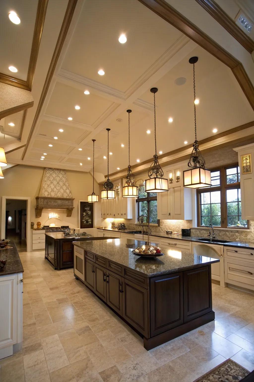 Tiered lighting enhances both function and atmosphere in the kitchen.