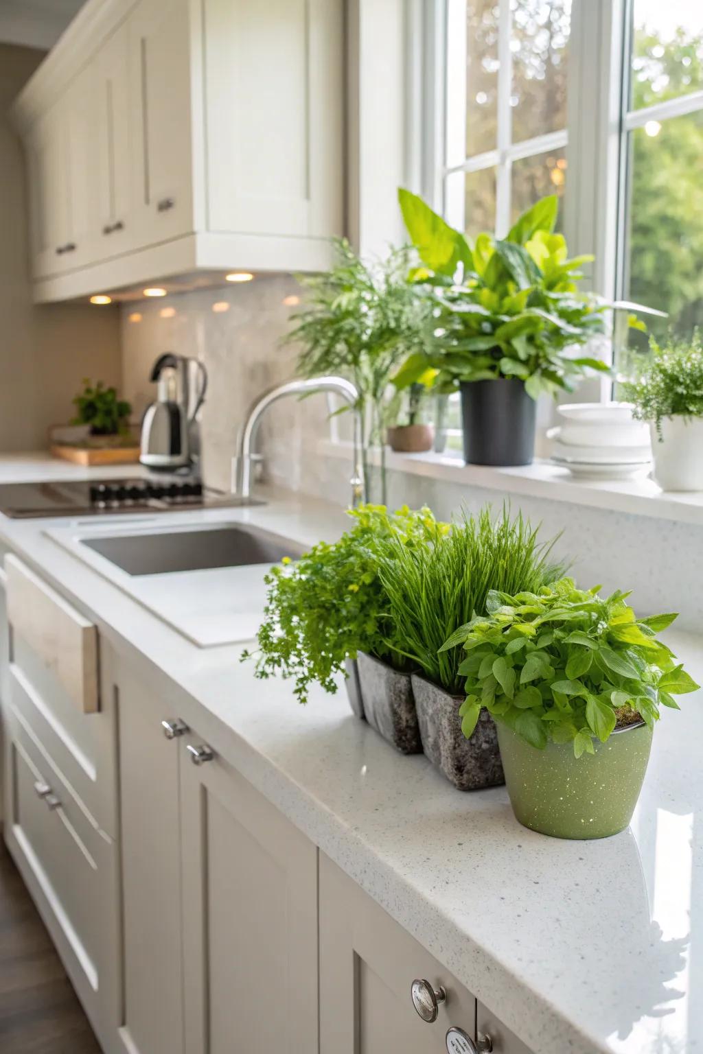 Eco-friendly quartz countertops in a sustainable kitchen design.