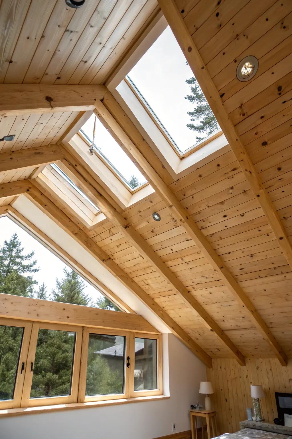 A bright room where skylights enhance the appeal of a pine planked ceiling.