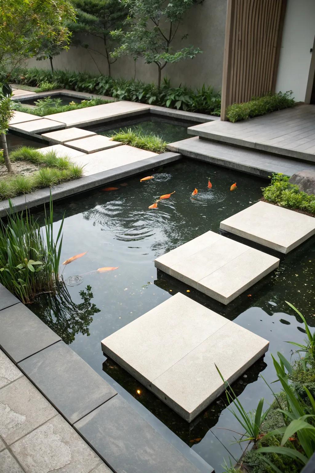 Stepping stones add a tranquil element to minimalist ponds.