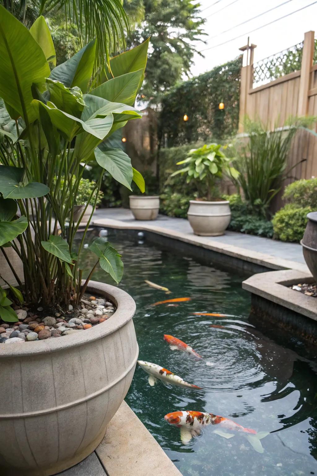 A koi pond with potted plants offering flexible shading.