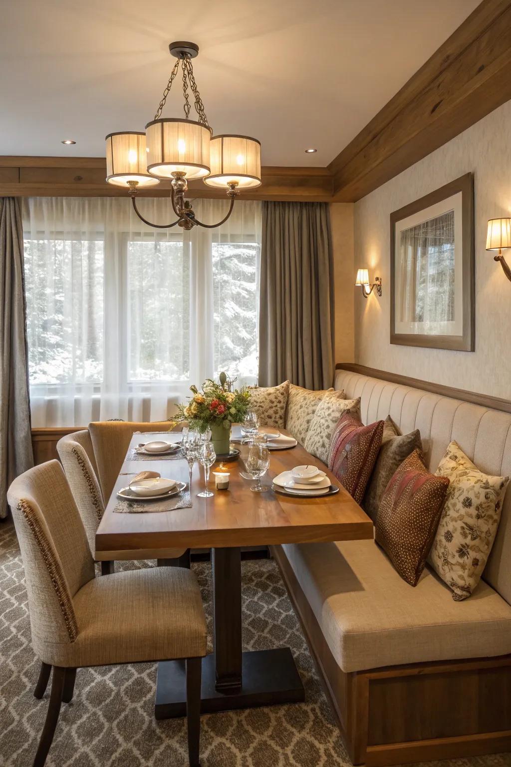 Bench seating conserves space and contributes a snug touch.