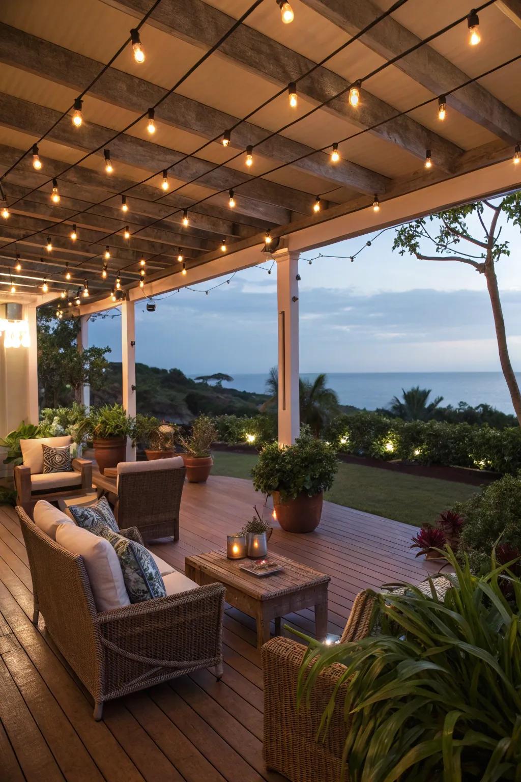 Enchanting illumination adds a magical touch to this lanai.