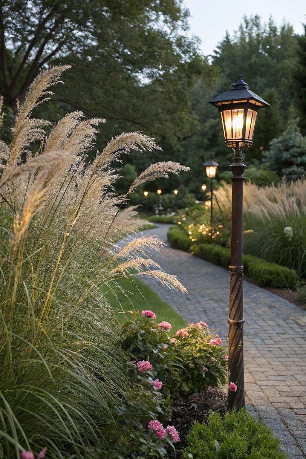 Decorative grasses enhancing the texture of a standing light landscape.