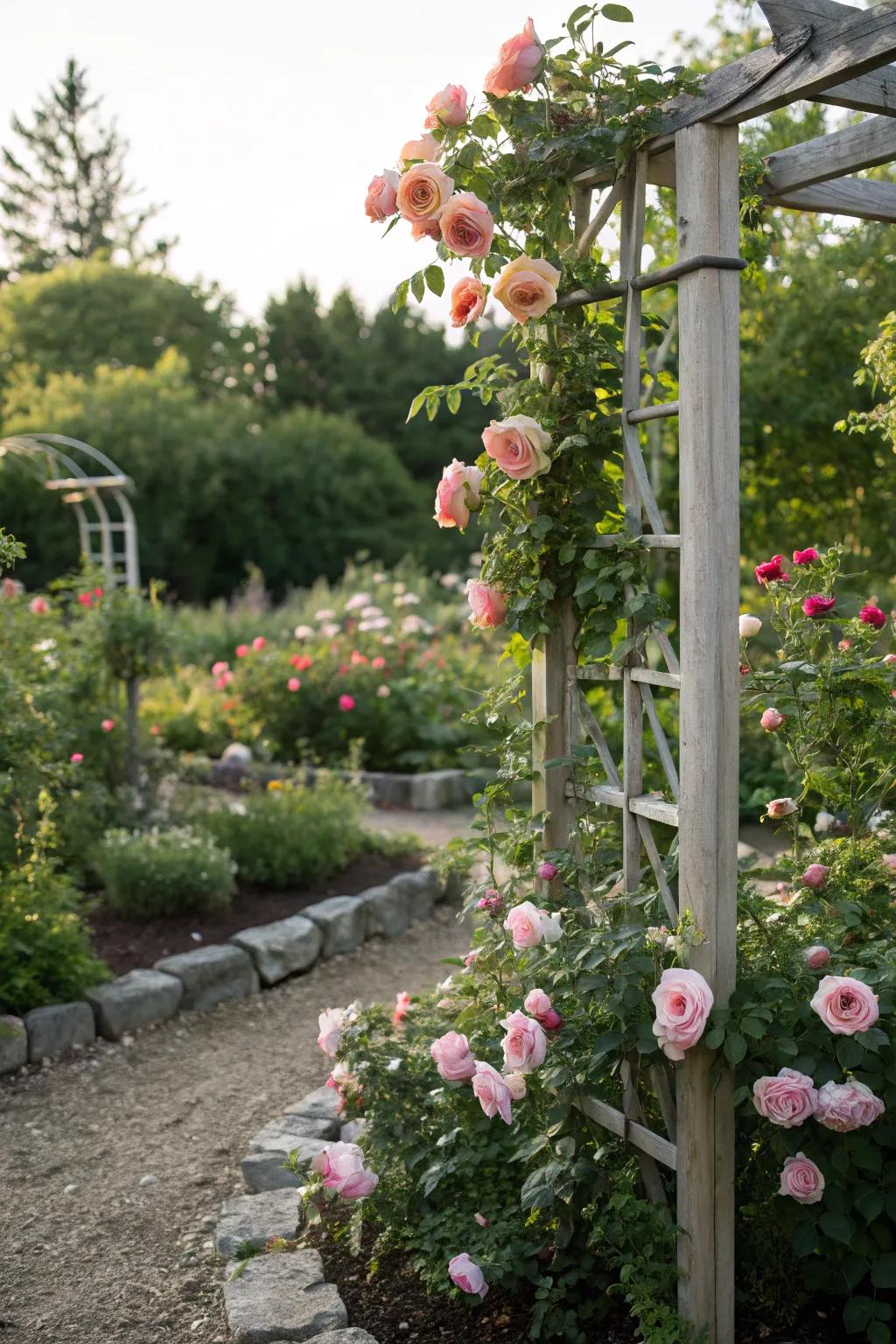 A garden bed with climbing roses adding vertical charm.
