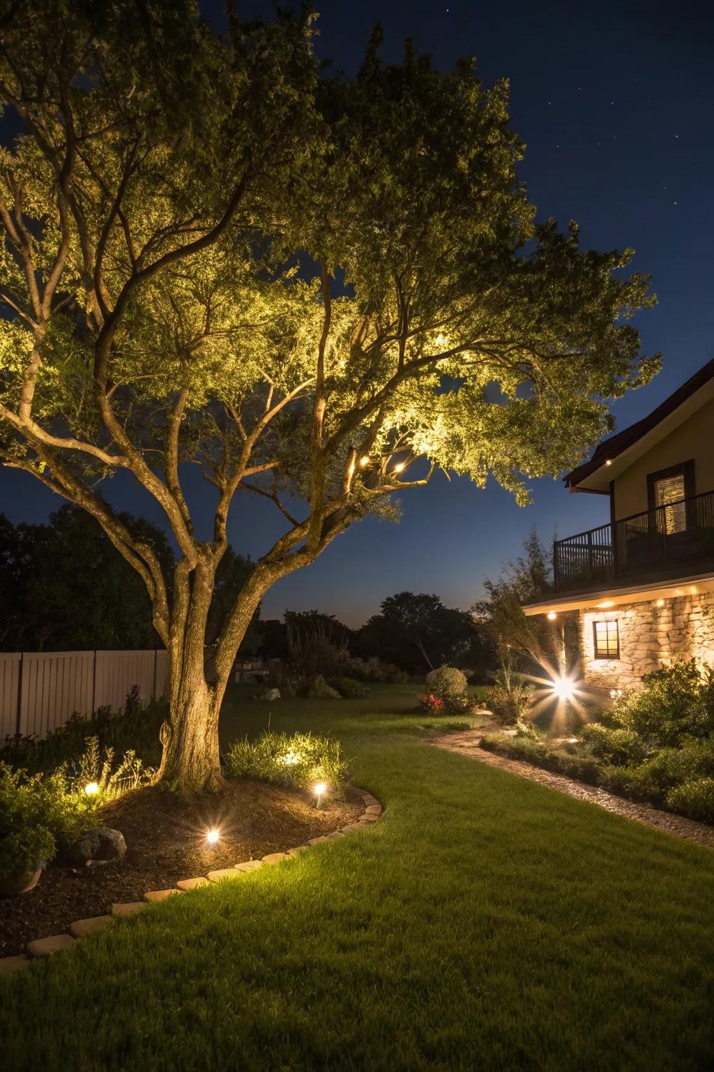 A tree beautifully illuminated by night lights, resulting in an enchanting garden.