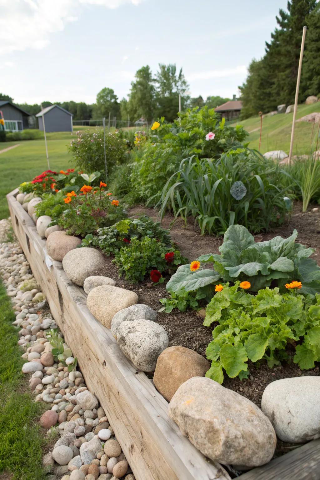 Big stones make a natural border for country raised beds.