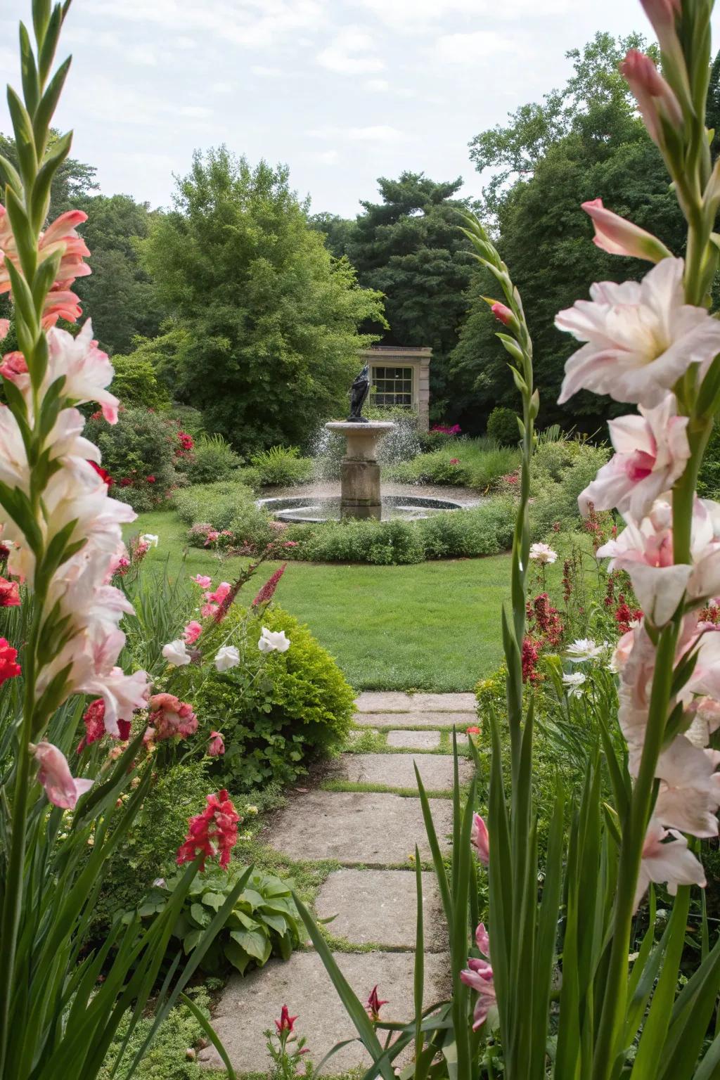 Sword lilies frame garden views, creating natural 'living' picture frames.