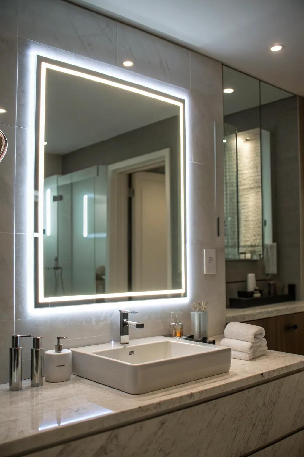Rear-lit mirrors offer a modern, light-filled radiance for your bathroom.