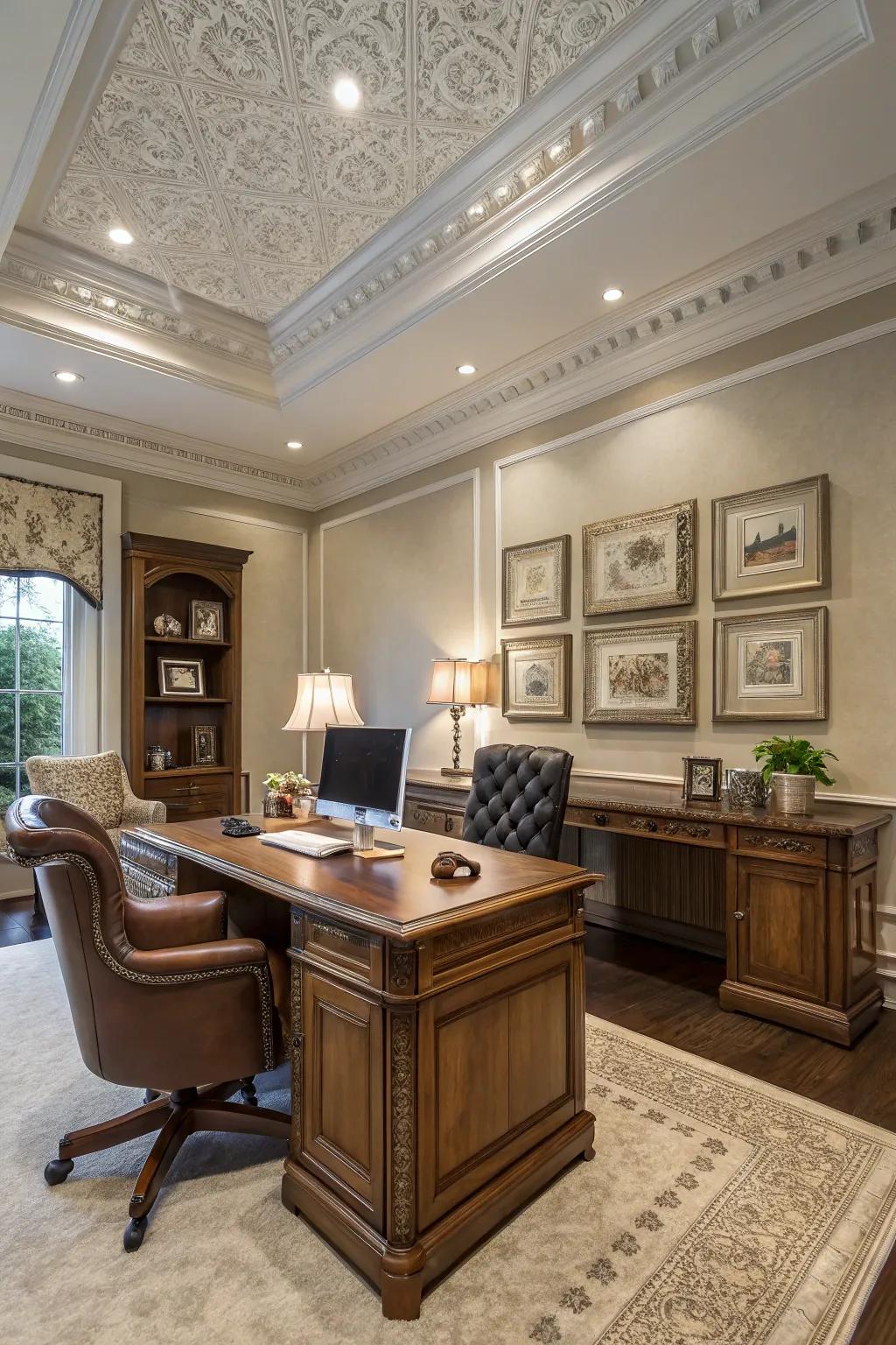 A sophisticated domiciliary office featuring ample trim outline, furnishing a stylish workspace.