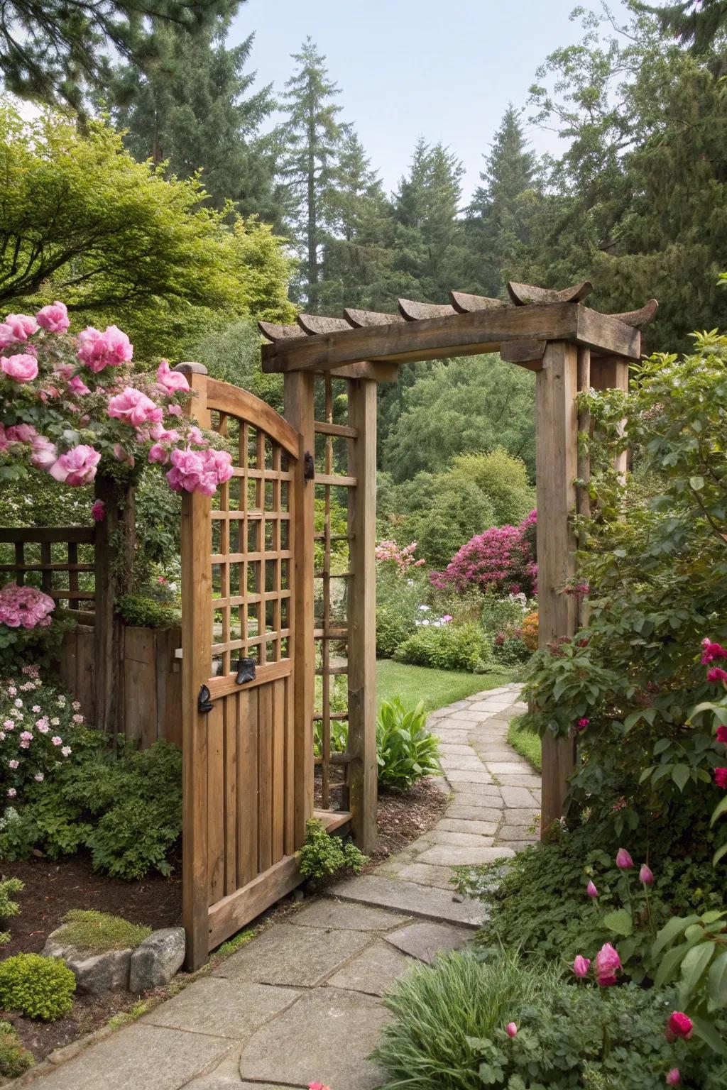 A cedar entrance that merges flawlessly with the outdoors.