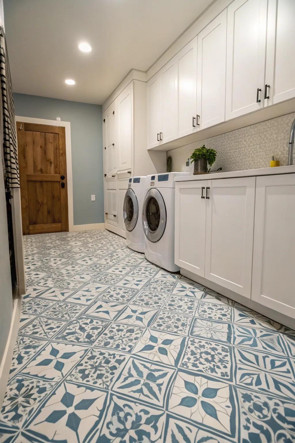 Unique and artistic flooring within a stylish laundry room.
