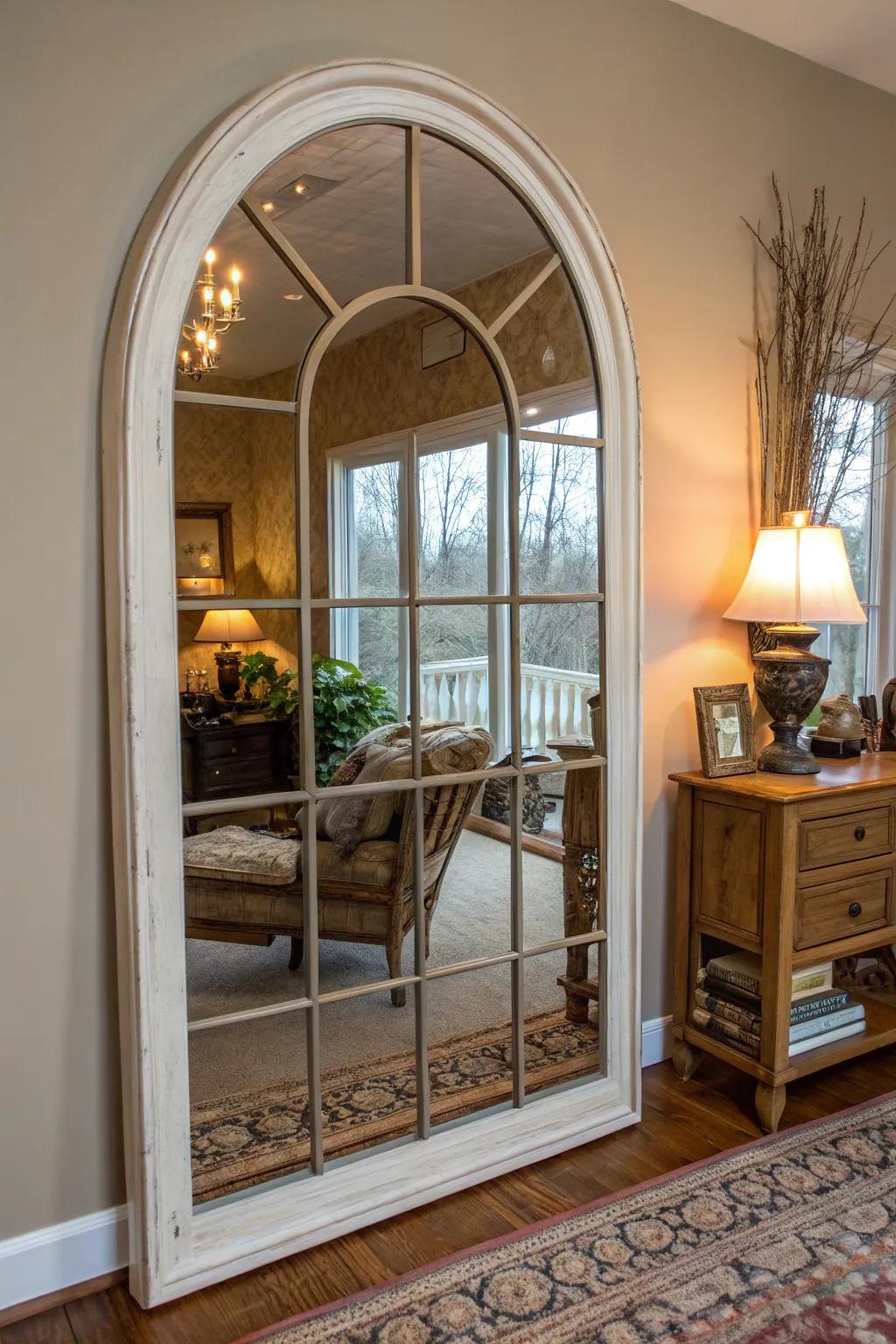 A mirror designed like a window adds architectural interest.