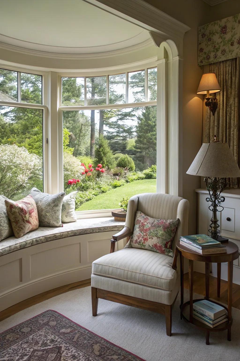 A cozy studying nook with a curved window, best for relaxation.