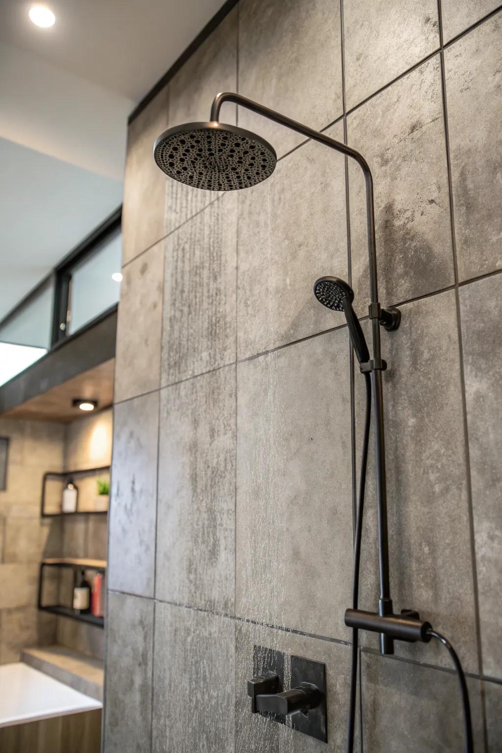 Concrete tiles impart a chic, industrial vibe to your shower.