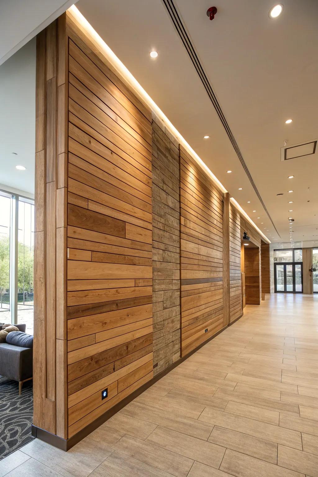 Natural textures like wood and stone add an earthy charm to large walls.