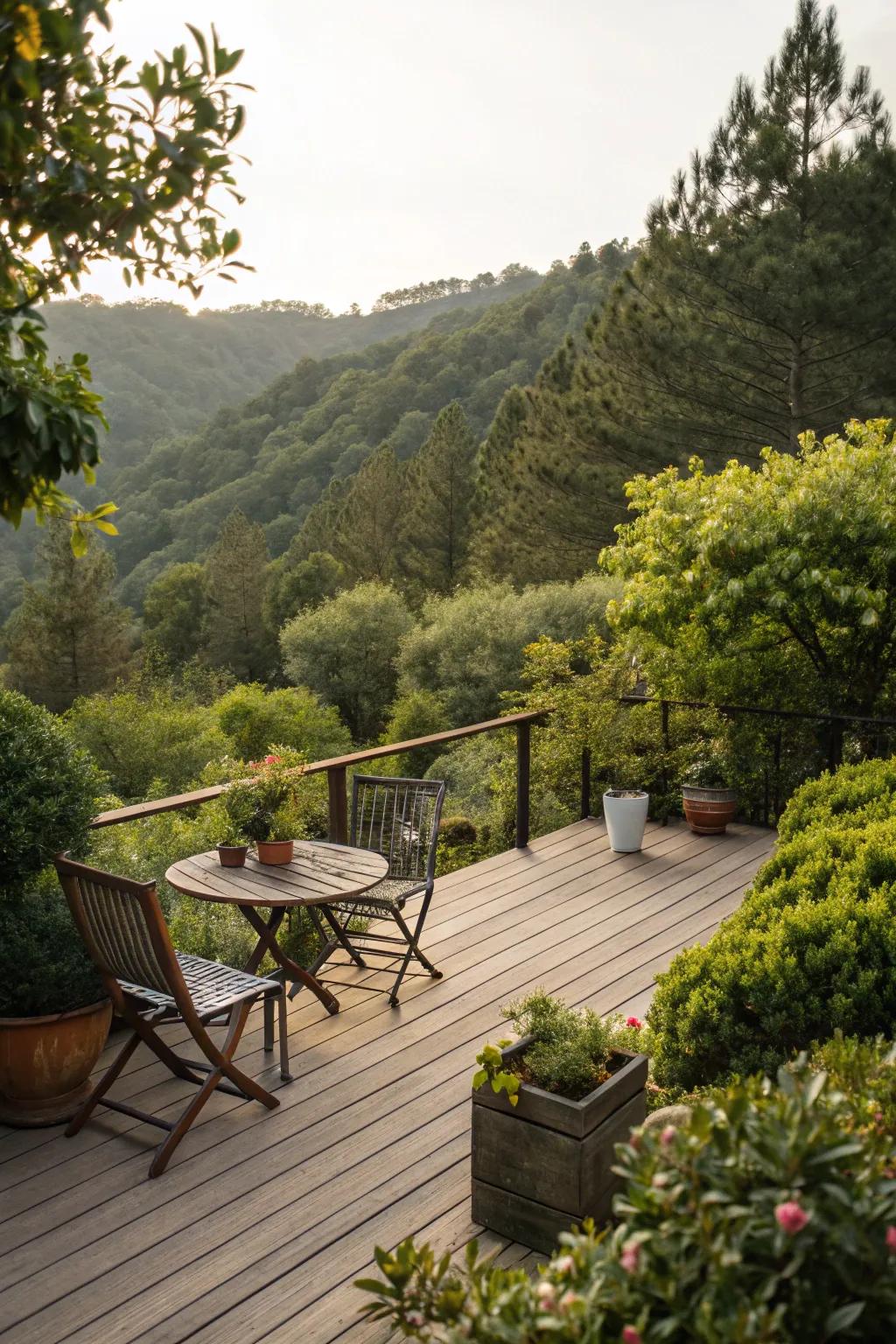 Greenery provides a natural, serene border for this welcoming deck.