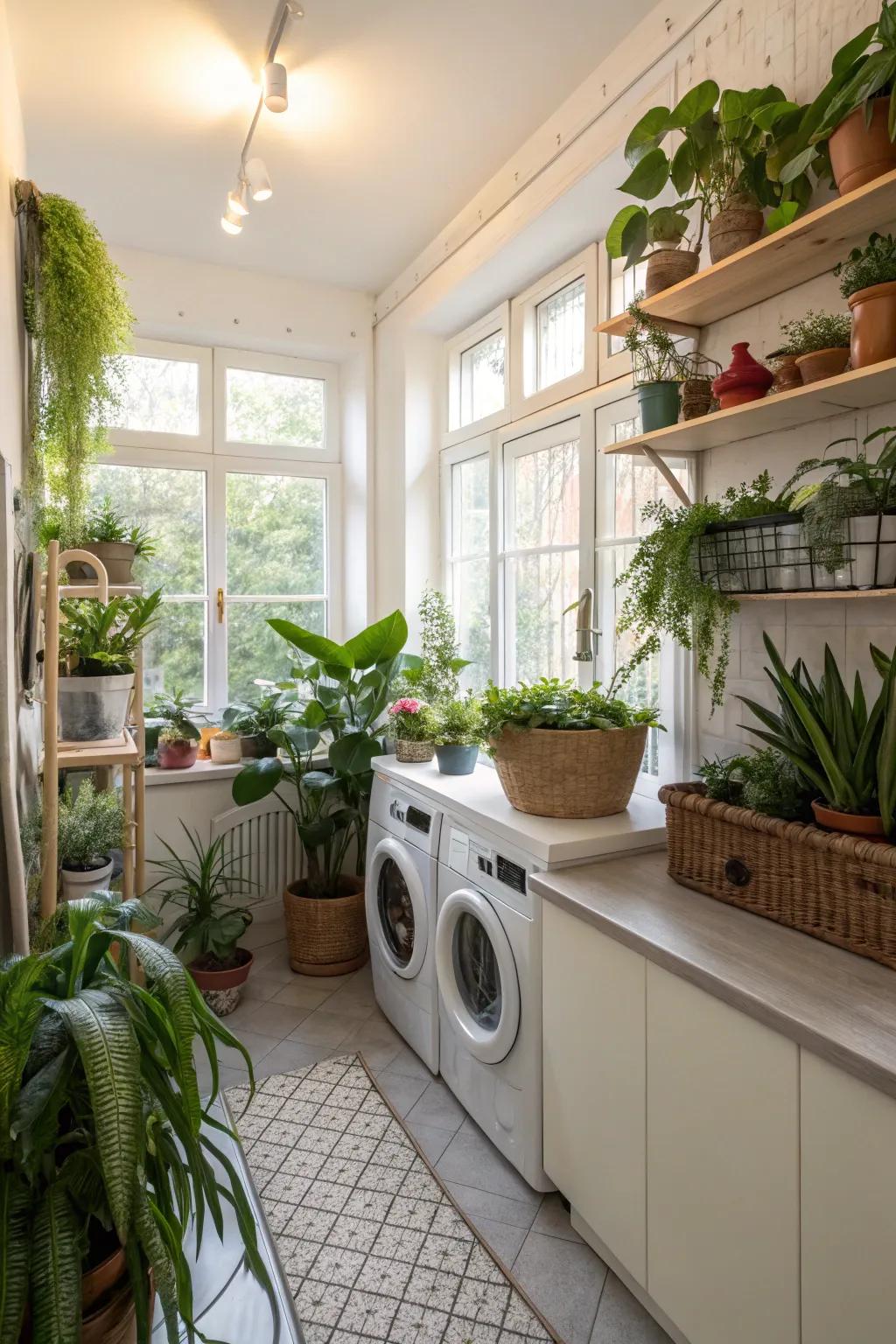 Houseplants bring a refreshing touch to your laundry space.